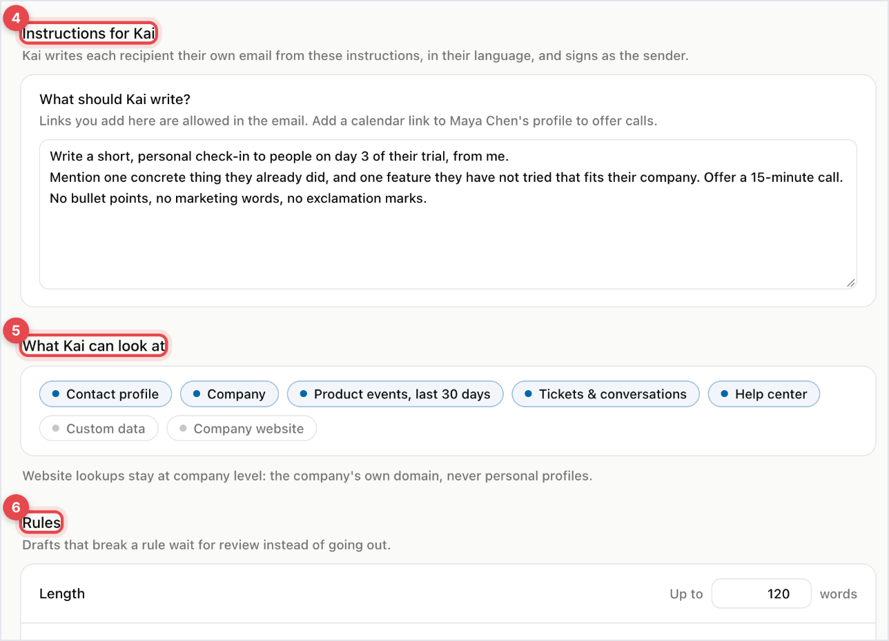 Kai-written email editor with Instructions for Kai, What Kai can look at and Rules
