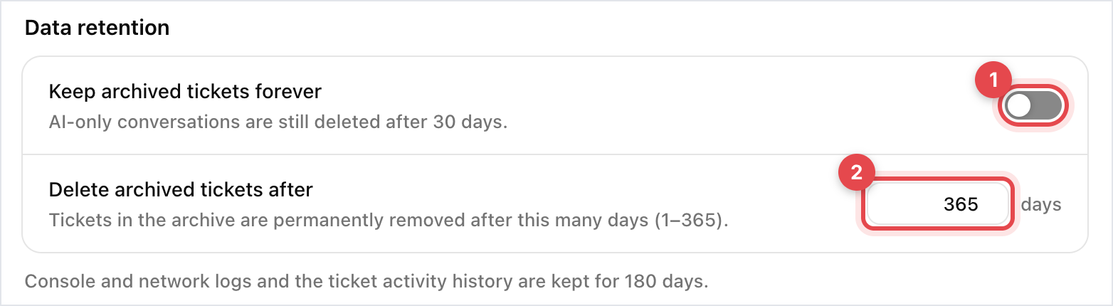 The Data retention section of the project's General settings, with the keep-forever switch and the days field