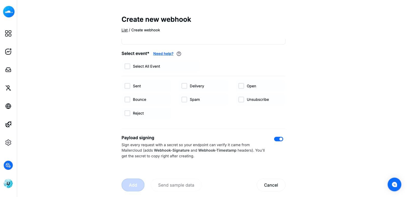 Events, Payload signing toggle and Add / Send sample data buttons