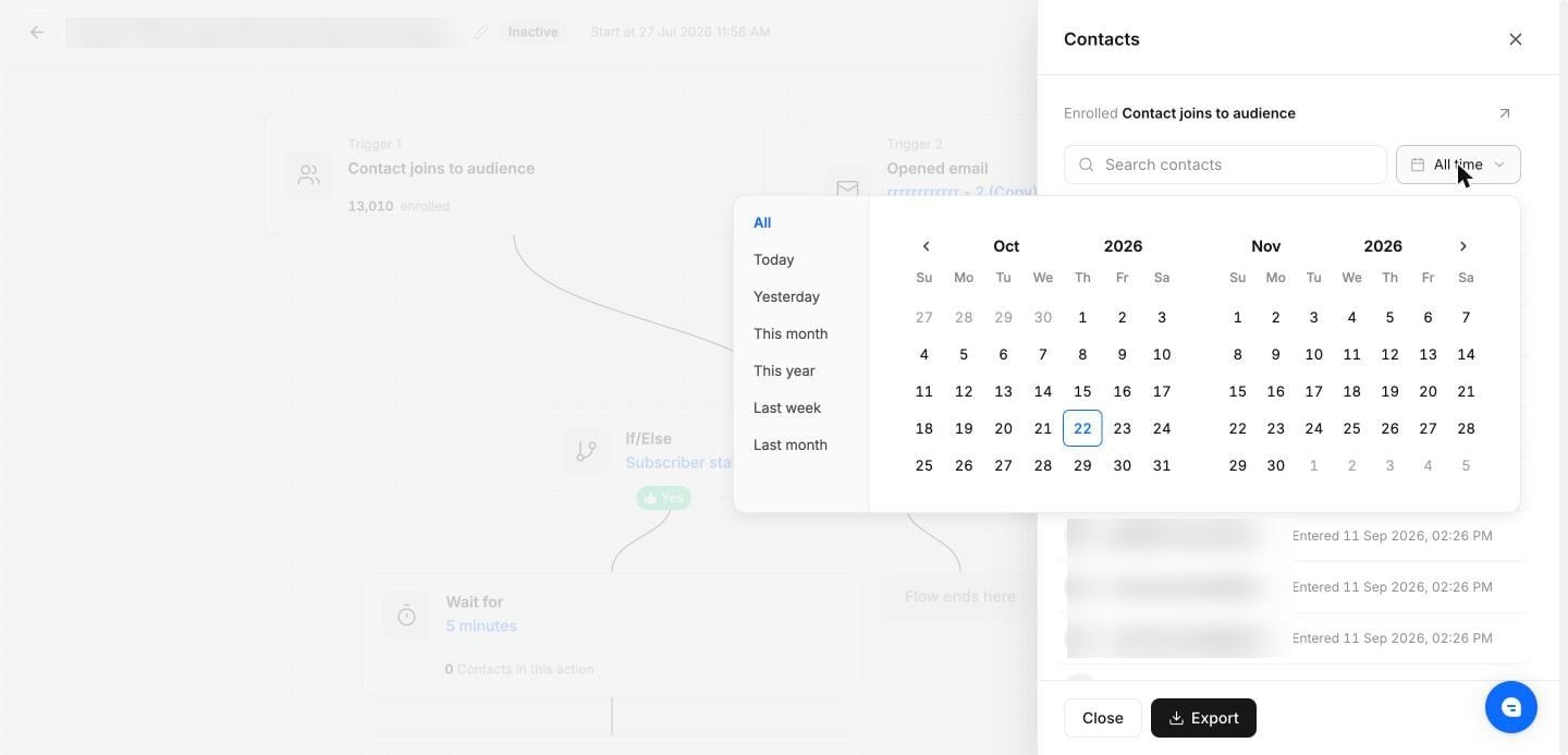 Date options in the contacts panel, with ready-made periods and a calendar