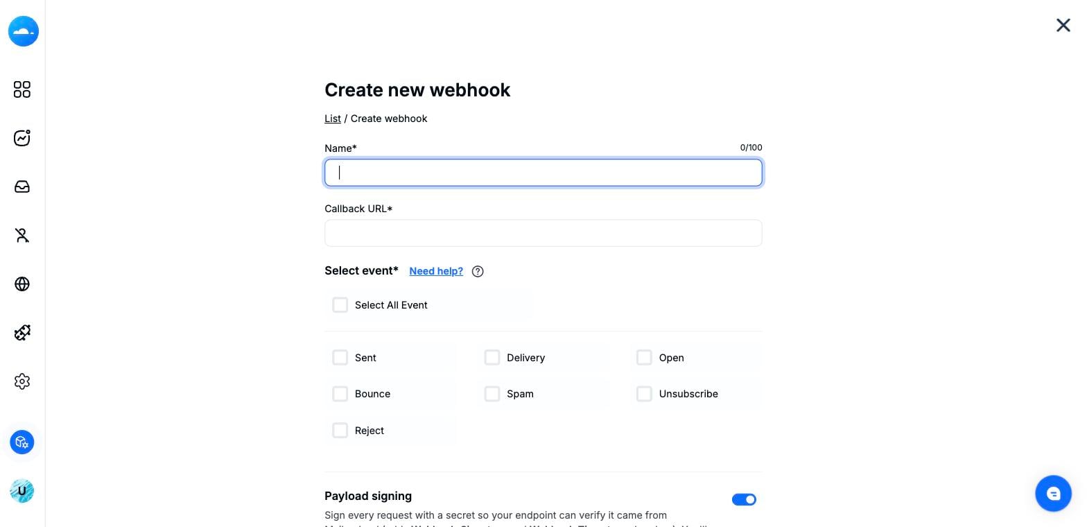 Create new webhook form — Name, Callback URL and event checkboxes