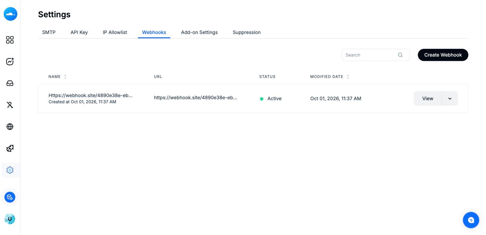 Transactional Settings — Webhooks tab listing existing webhooks