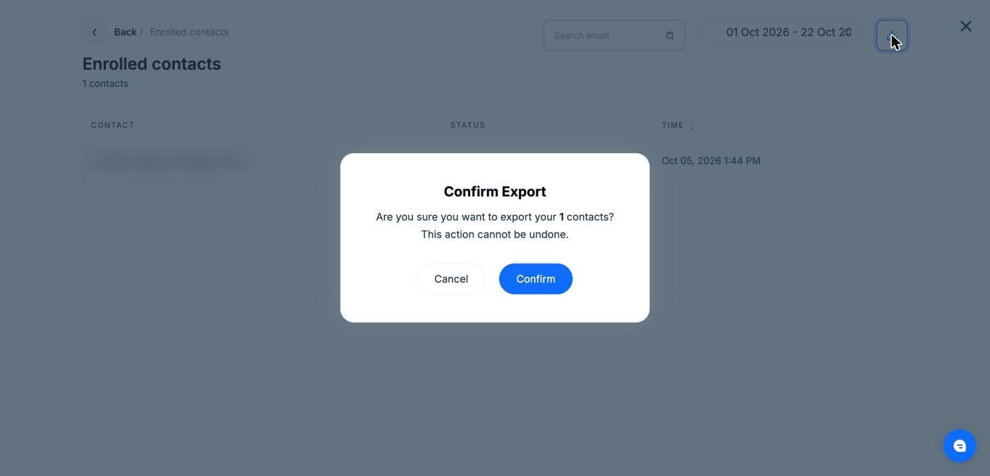 Confirm Export dialog for the filtered contact list