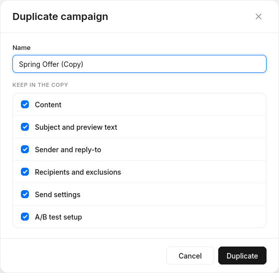 Duplicate campaign pop-up for an A/B campaign with the A/B test setup option