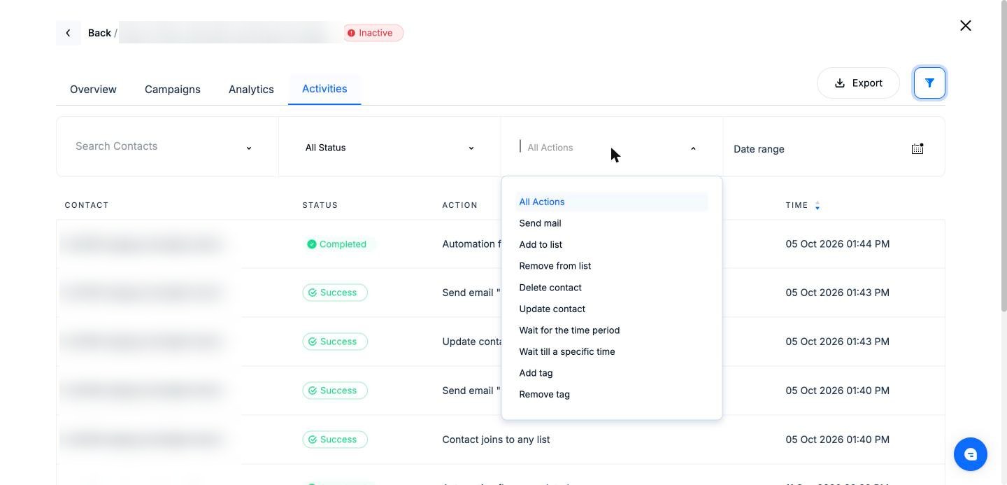 Action filter options in the Activities tab