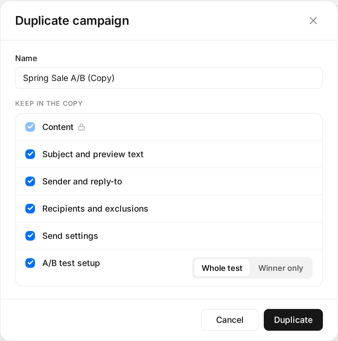 Duplicate campaign pop-up for an A/B test with the Whole test and Winner only choice
