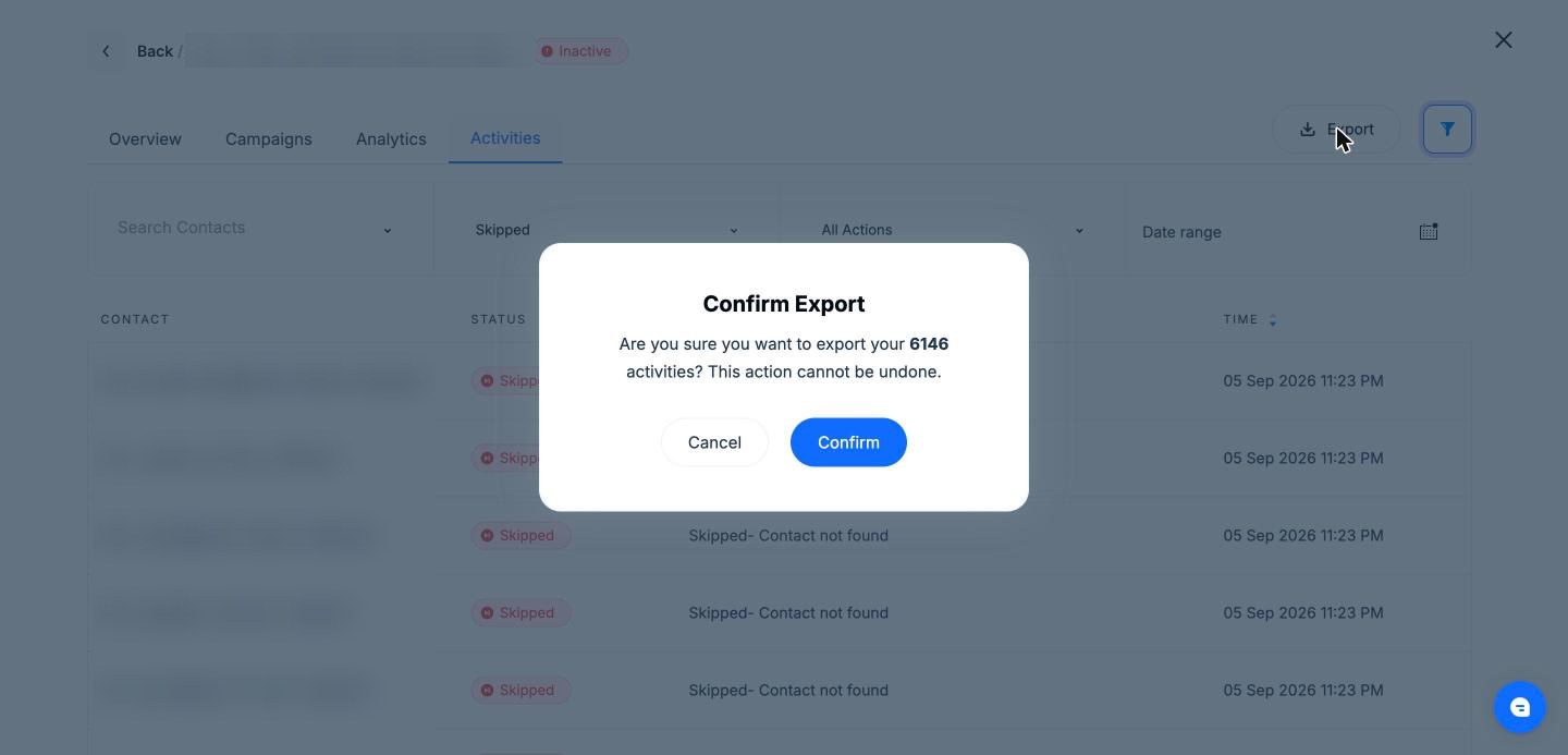Confirm Export dialog showing the filtered activity count