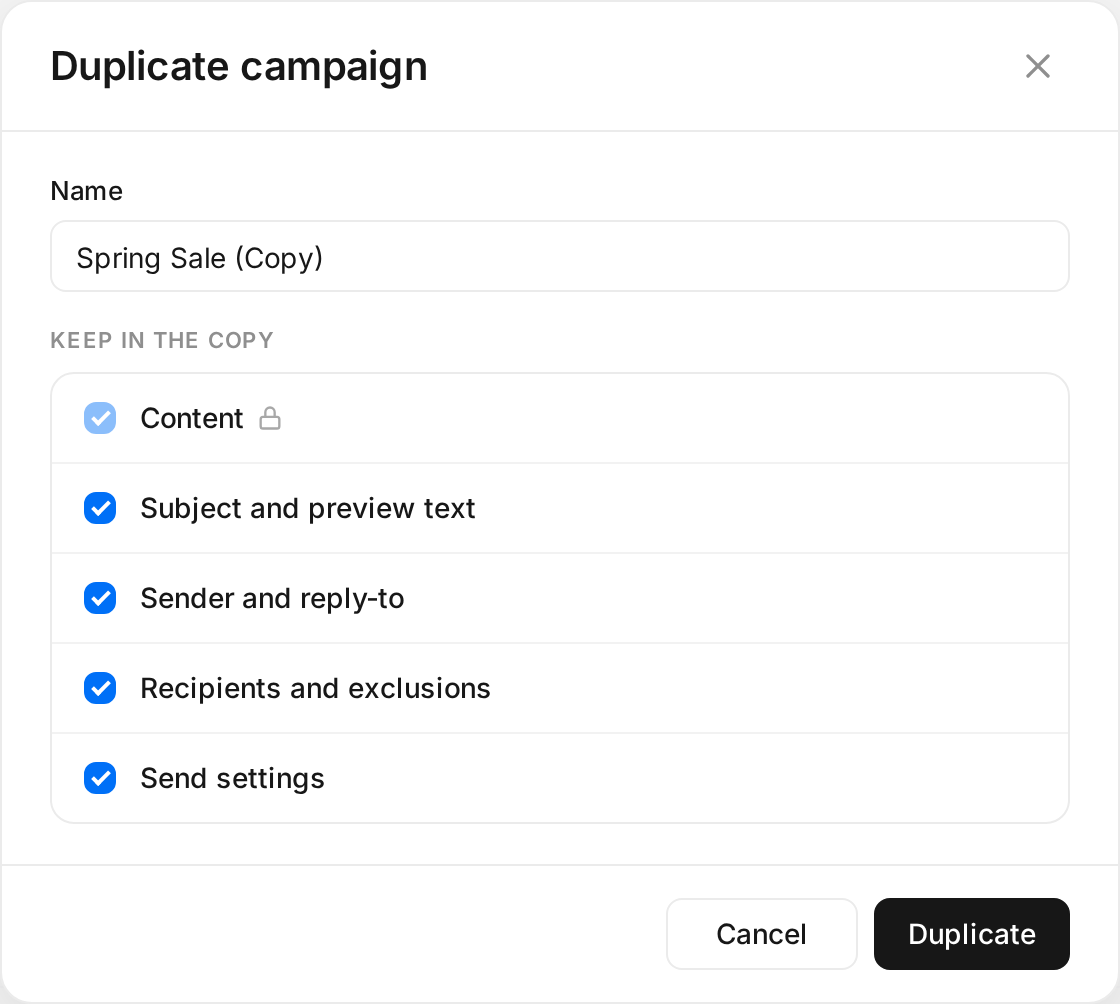 Duplicate campaign pop-up with the name field and the Keep in the copy options