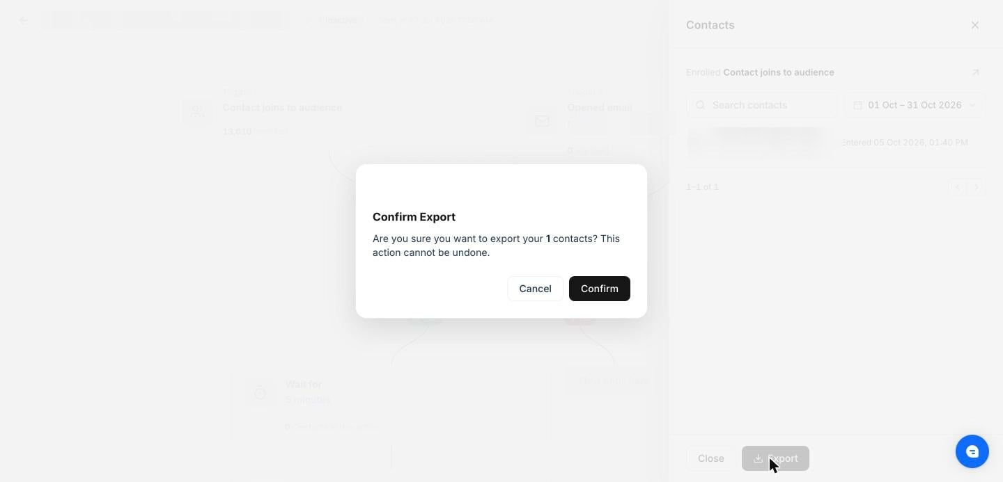 Confirm Export dialog opened from a step's contacts panel