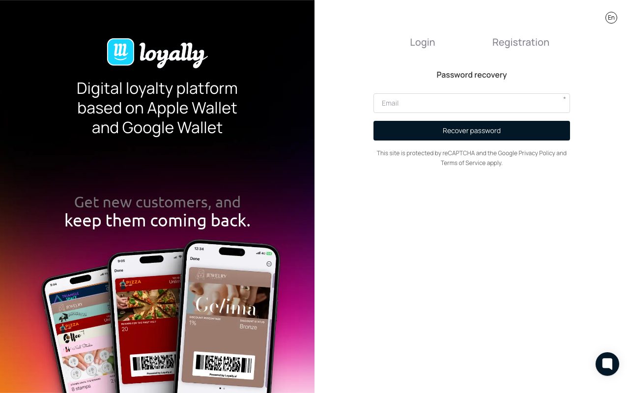 The Password recovery screen on app.loyally.ai, with its Email field and Recover password button