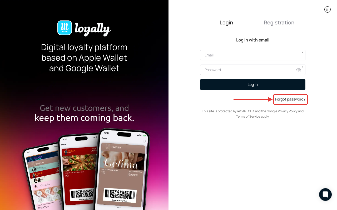 The Log in screen on app.loyally.ai, with Forgot password? marked just under the Log in button