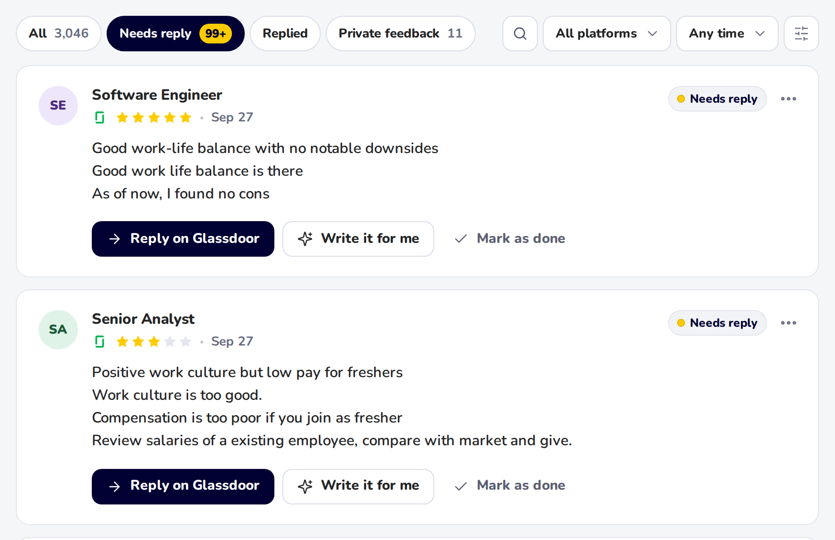 The Reviews list: reviews that need a reply, each with Reply on Glassdoor, Write it for me and Mark as done