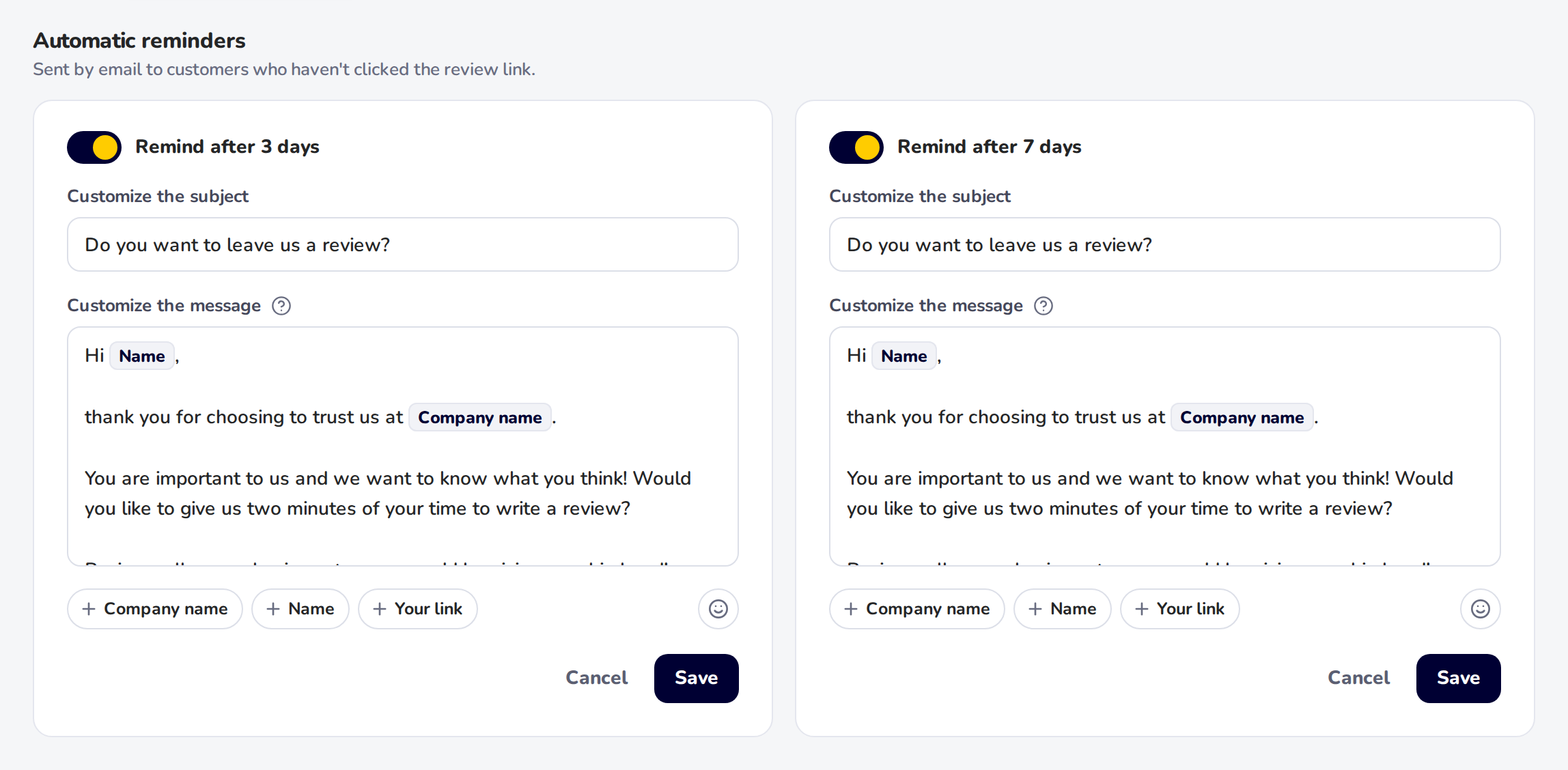 Automatic reminders on the Email tab: Remind after 3 days and Remind after 7 days switched on, each with its own subject, message and Save button