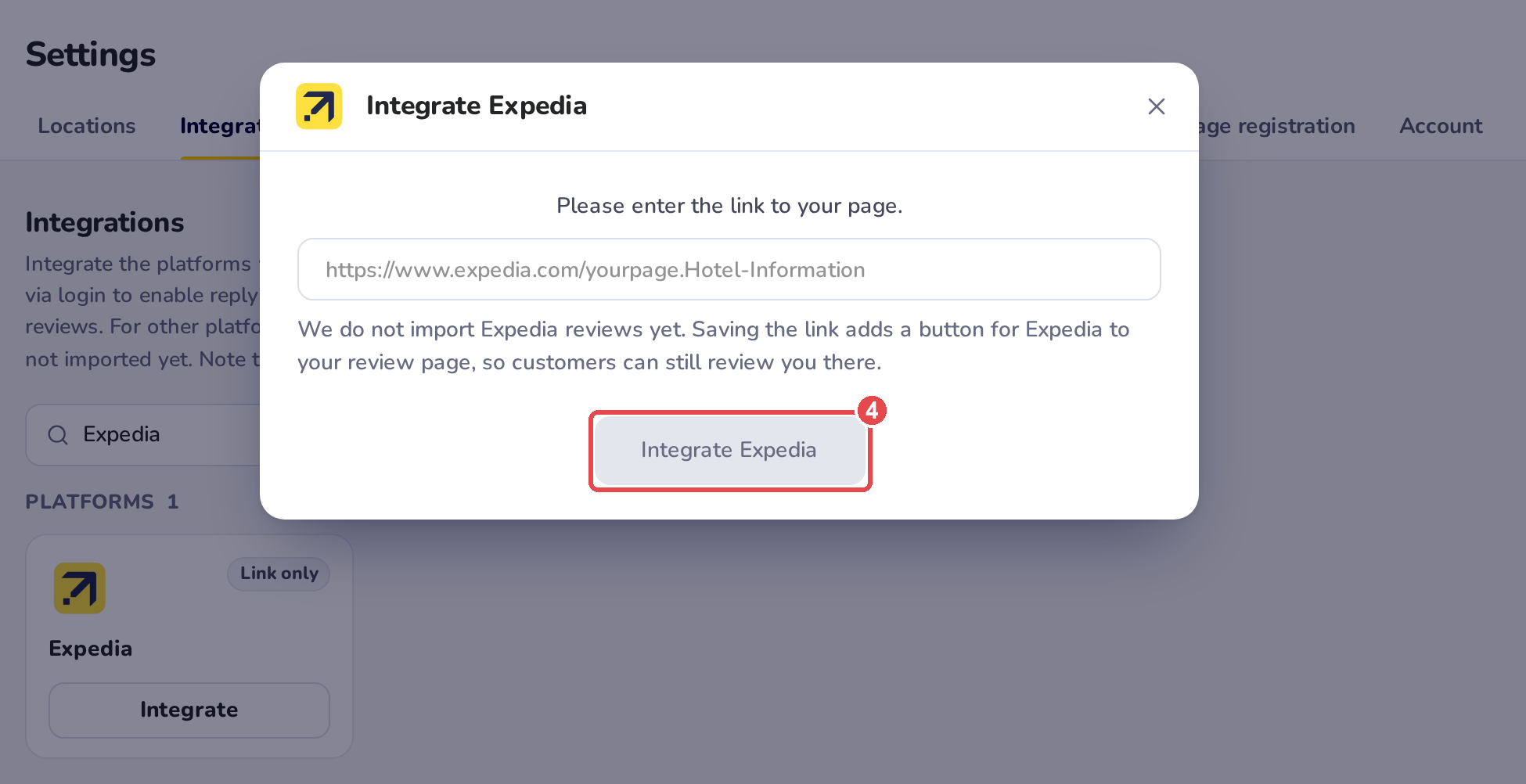 The Integrate Expedia window: Please enter the link to your page, the field for your Expedia page link, and the Integrate Expedia button, grey until a link is in the field
