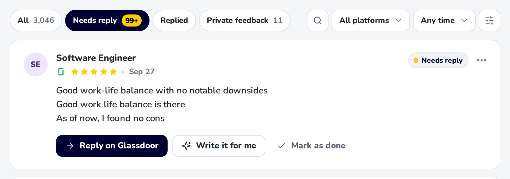The All, Needs reply and Replied buttons above the reviews, with Needs reply selected
