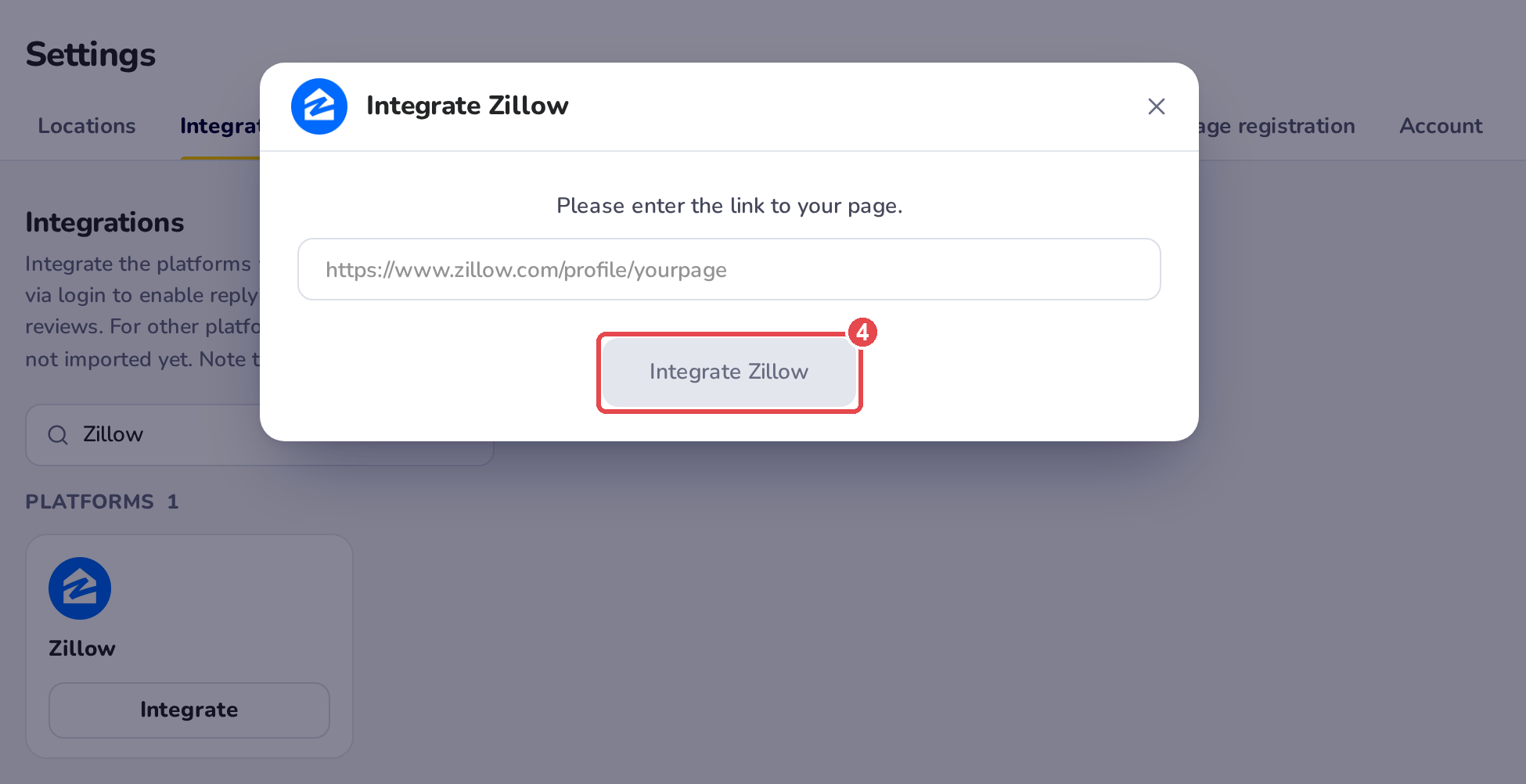 The Integrate Zillow window: Please enter the link to your page, the field for your Zillow page link, and the Integrate Zillow button, grey until a link is in the field