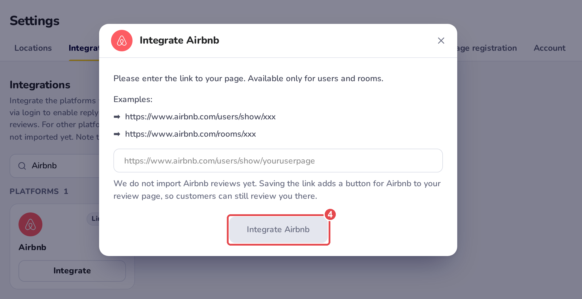 The Integrate Airbnb window: what it accepts, two example Airbnb links, the field for your Airbnb page link, and the Integrate Airbnb button, grey until a link is in the field