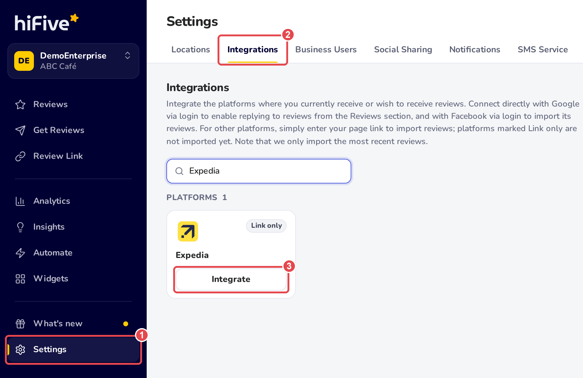 Settings, Integrations: Expedia typed in the search box, and the Expedia card, marked Link only, with its Integrate button