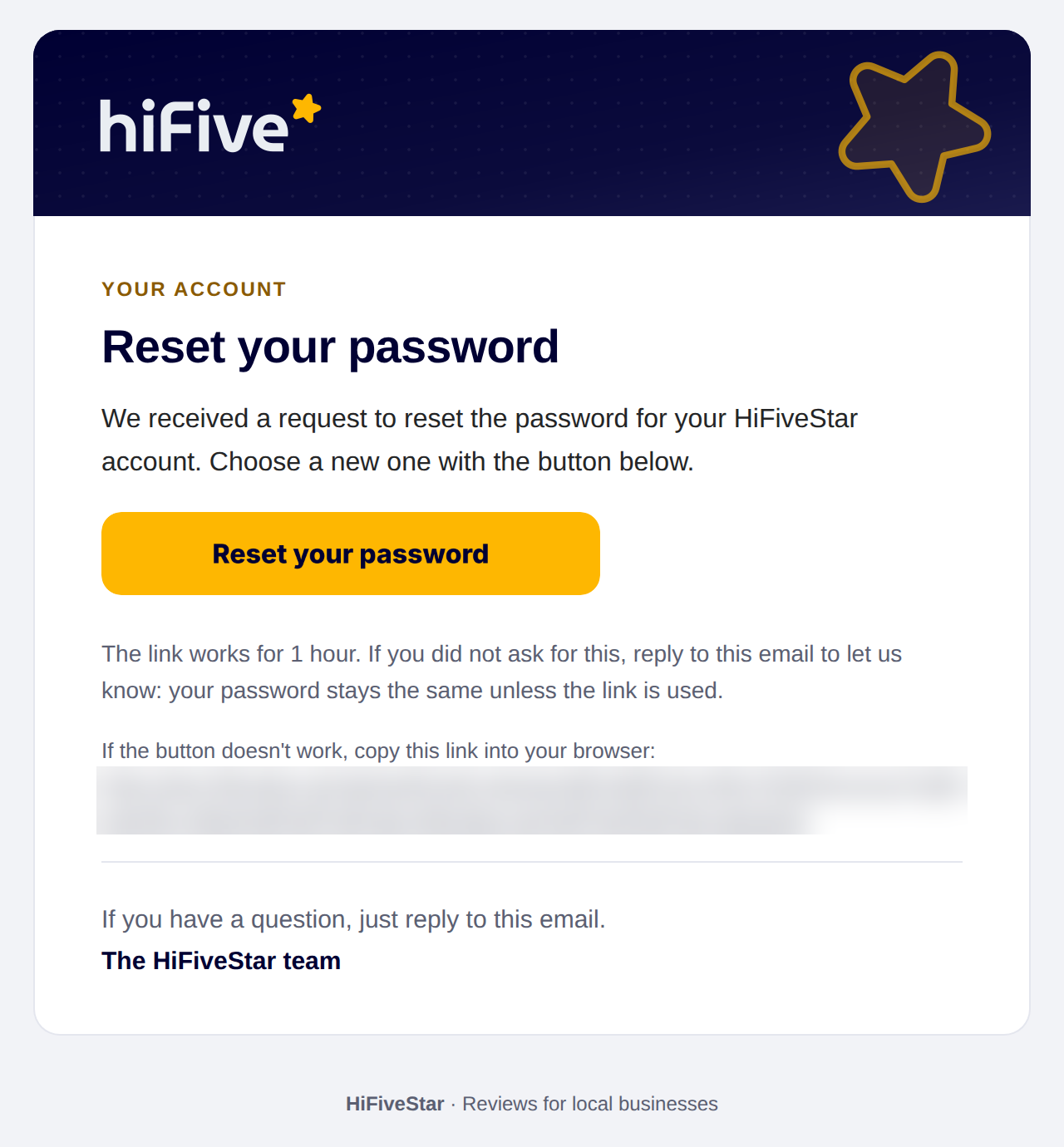 The Reset your password email from HiFiveStar, with its yellow Reset your password button.