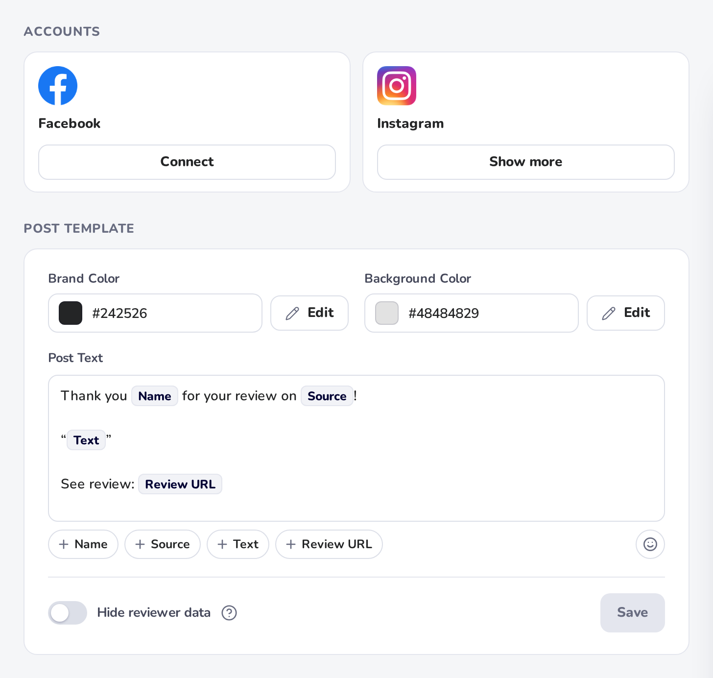 Settings › Social Sharing: the Facebook card with its Connect button, the Instagram card, and the post template with its colours and post text