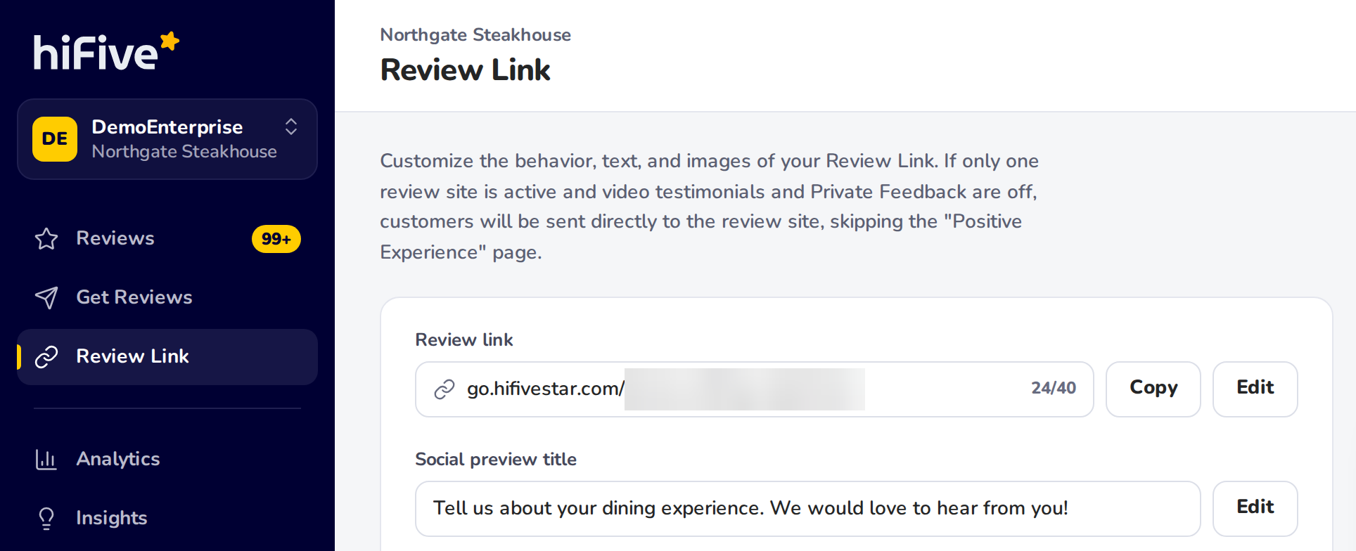 Review Link in the left menu, and the review link at the top of the Review Link page