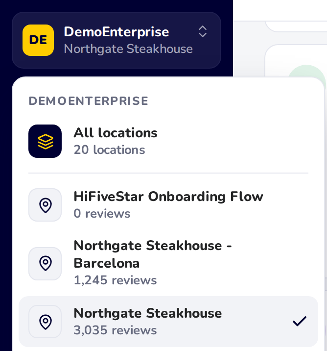The location menu that opens from the business name: All locations at the top, then each location with its number of reviews