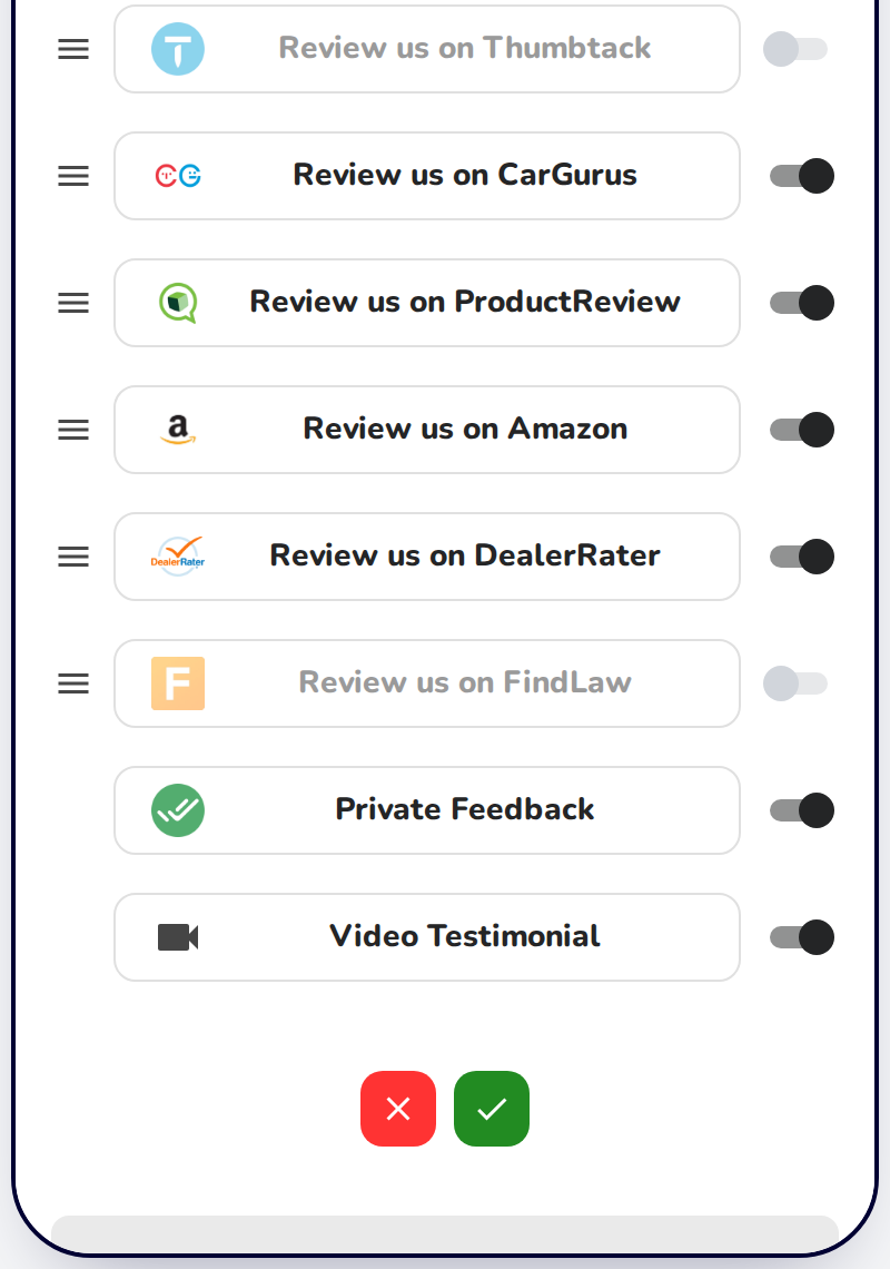 The review page preview's buttons with their switches, including Private Feedback and Video Testimonial, above the red cancel and green check buttons