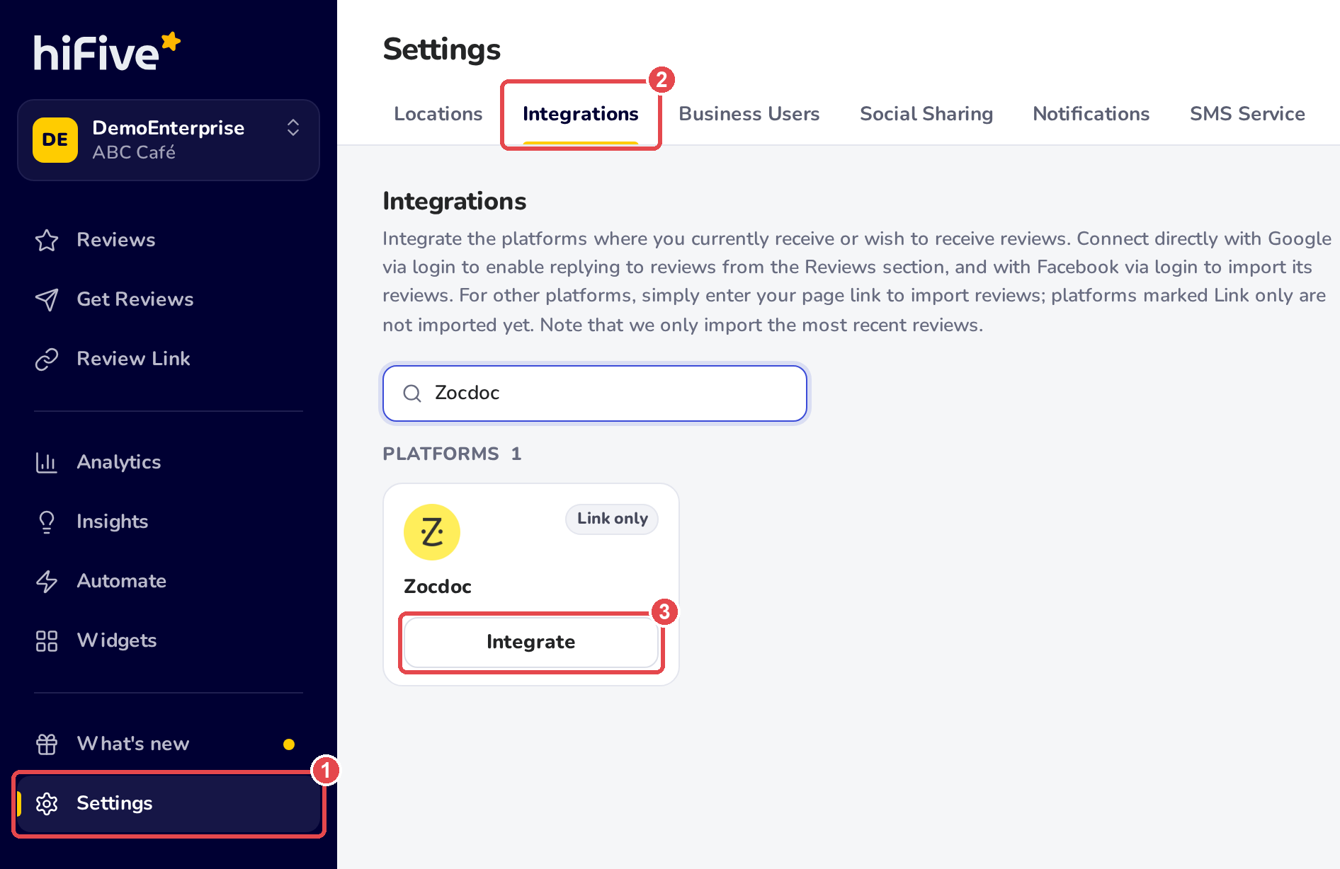 Settings, Integrations: Zocdoc typed in the search box, and the Zocdoc card, marked Link only, with its Integrate button