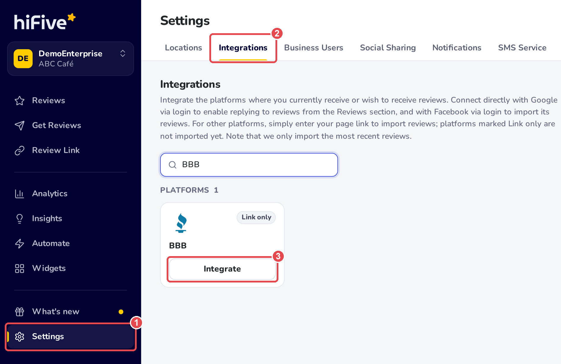 Settings, Integrations: BBB typed in the search box, and the BBB card, marked Link only, with its Integrate button