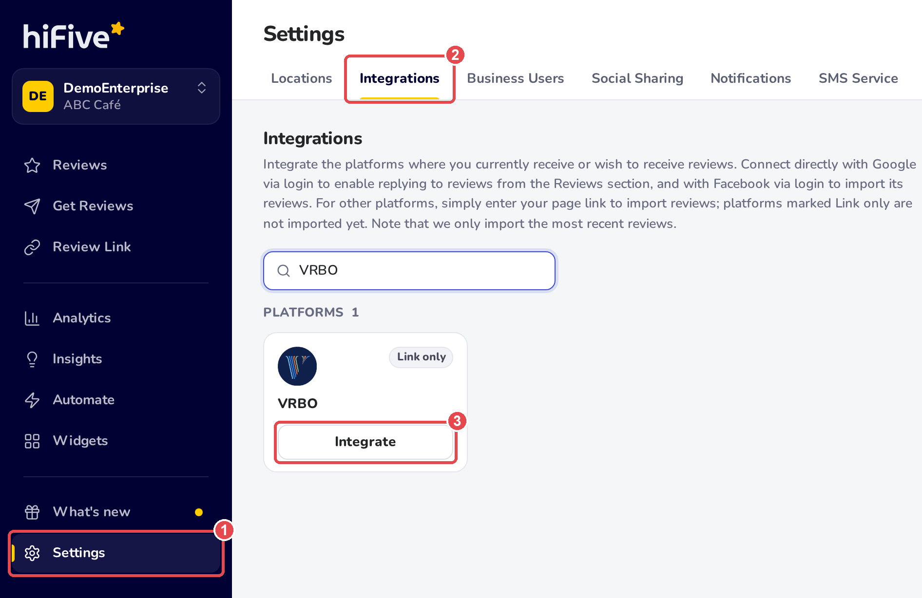Settings, Integrations: VRBO typed in the search box, and the VRBO card, marked Link only, with its Integrate button