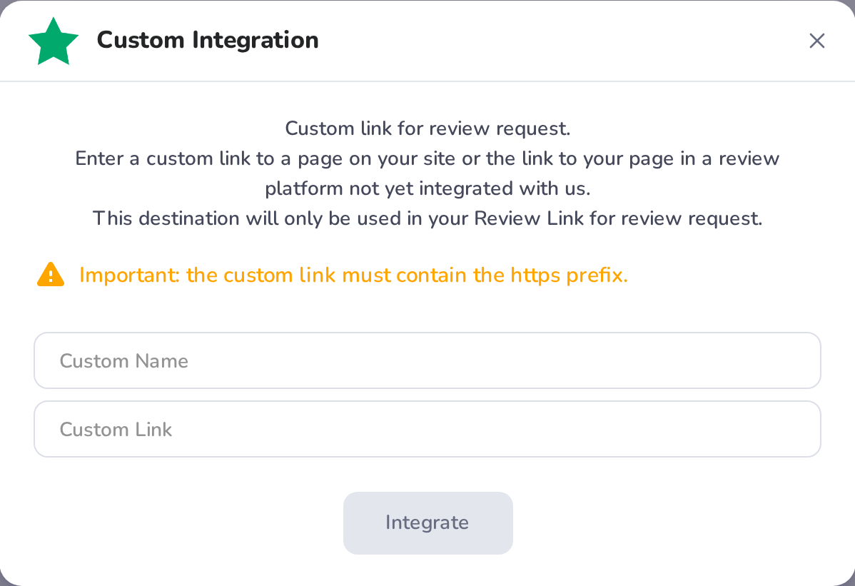 The Custom Integration form: Custom Name, Custom Link (it must start with https) and Integrate