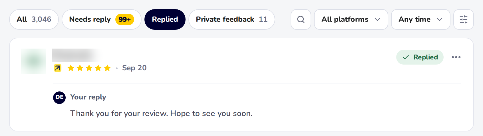 The All, Needs reply and Replied buttons above the reviews, with Replied selected