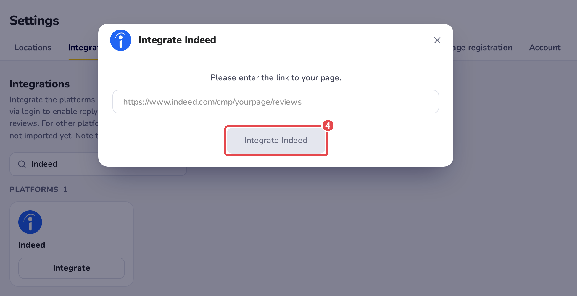 The Integrate Indeed window: Please enter the link to your page, the field for your Indeed page link, and the Integrate Indeed button, grey until a link is in the field