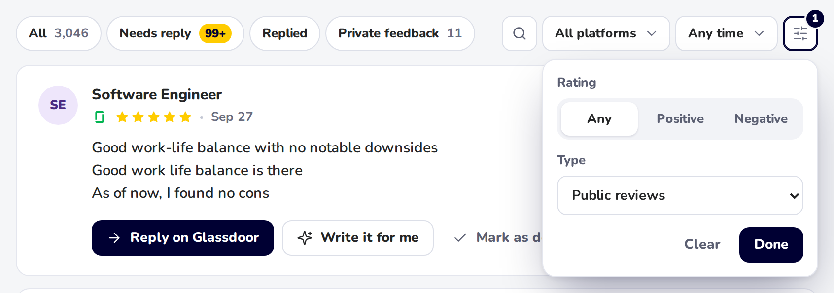 More filters open, with Type set to Public reviews