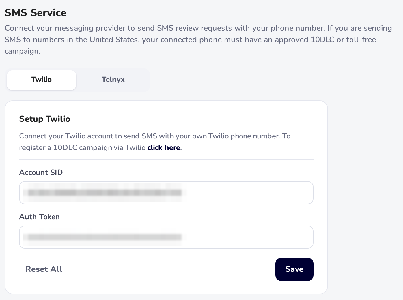 Settings, SMS Service on the Twilio tab: the Account SID and Auth Token fields (blurred) with Reset All and Save; Telnyx is the other tab