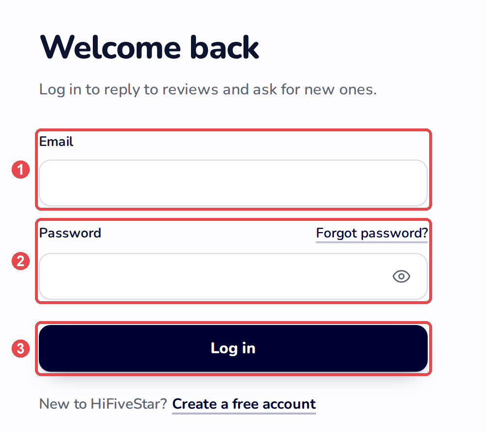 The HiFiveStar log in screen with 1 the Email field, 2 the Password field and 3 the Log in button.