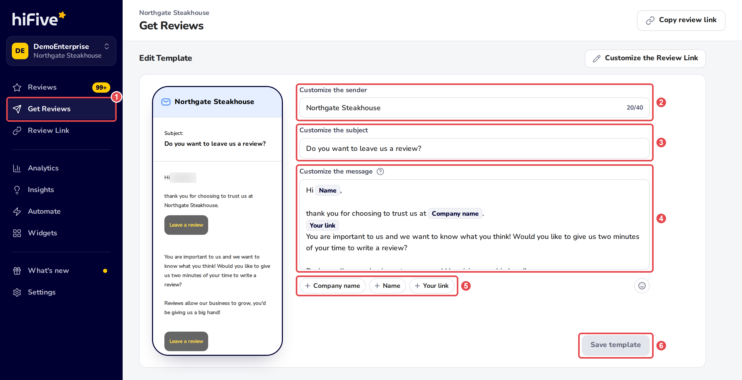 Edit Template on the Email tab: 1 Get Reviews in the menu, 2 Customize the sender, 3 Customize the subject, 4 Customize the message, 5 the Company name, Name and Your link buttons, 6 Save template