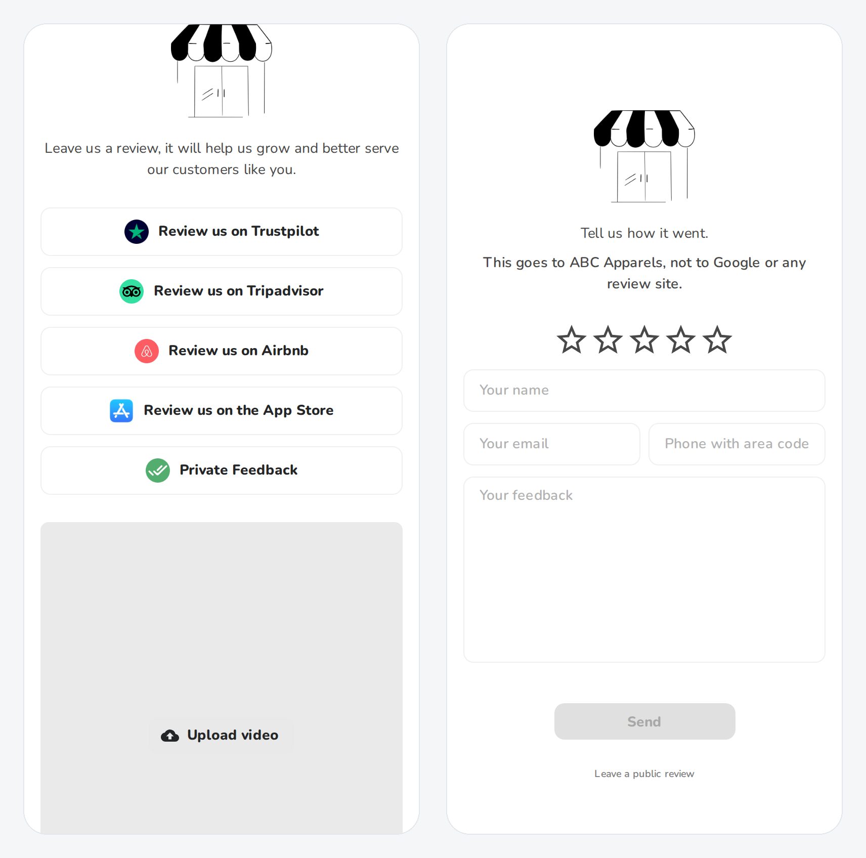 The review page your customers open, on a phone: a button for each review site and Private Feedback, then the private feedback form