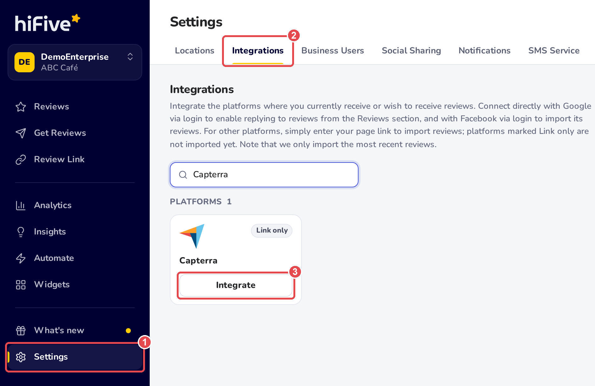 Settings, Integrations: Capterra typed in the search box, and the Capterra card, marked Link only, with its Integrate button