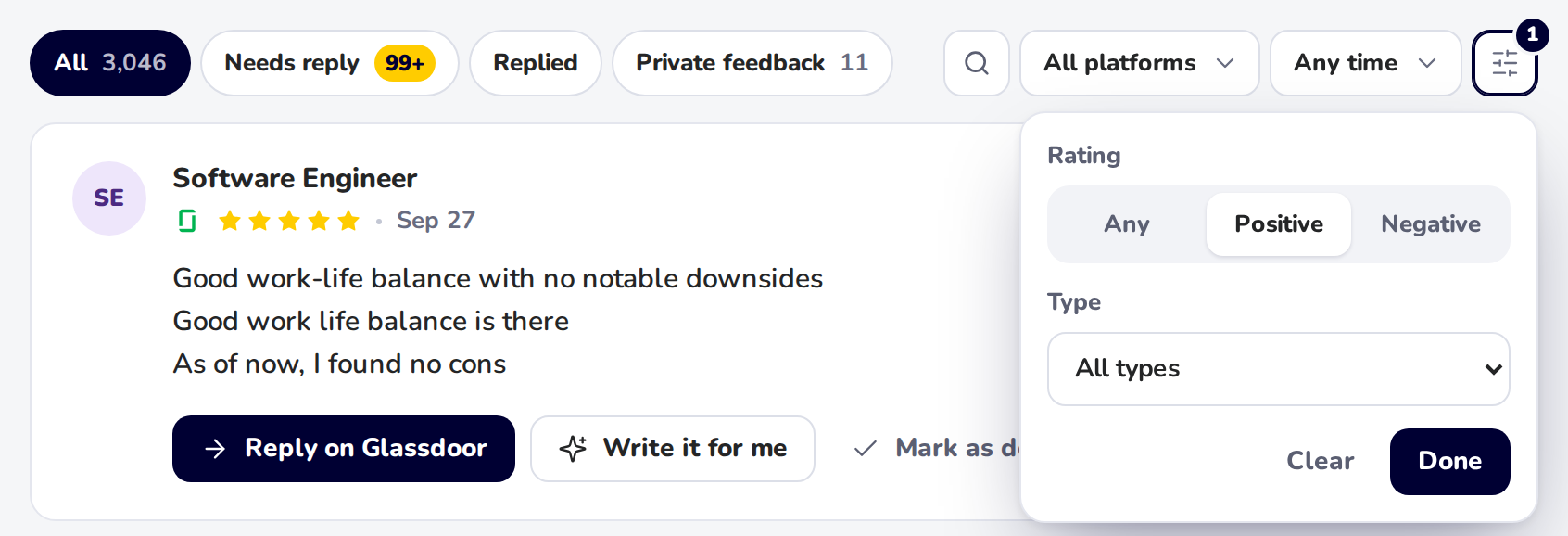 More filters open, with Rating set to Positive