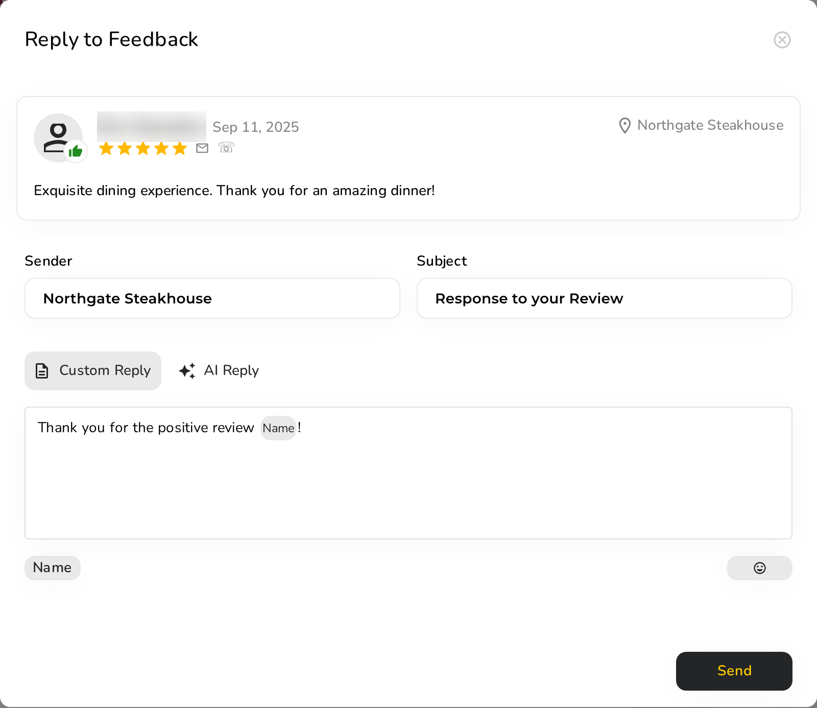 The Reply to Feedback window for private feedback: Sender, Subject, Custom Reply and AI Reply, and a reply that uses the Name tag