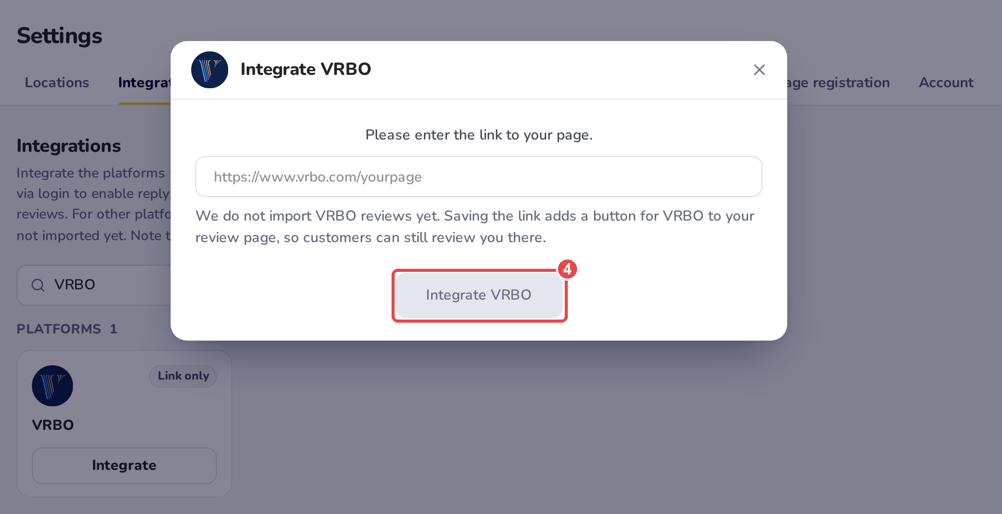 The Integrate VRBO window: Please enter the link to your page, the field for your VRBO page link, and the Integrate VRBO button, grey until a link is in the field