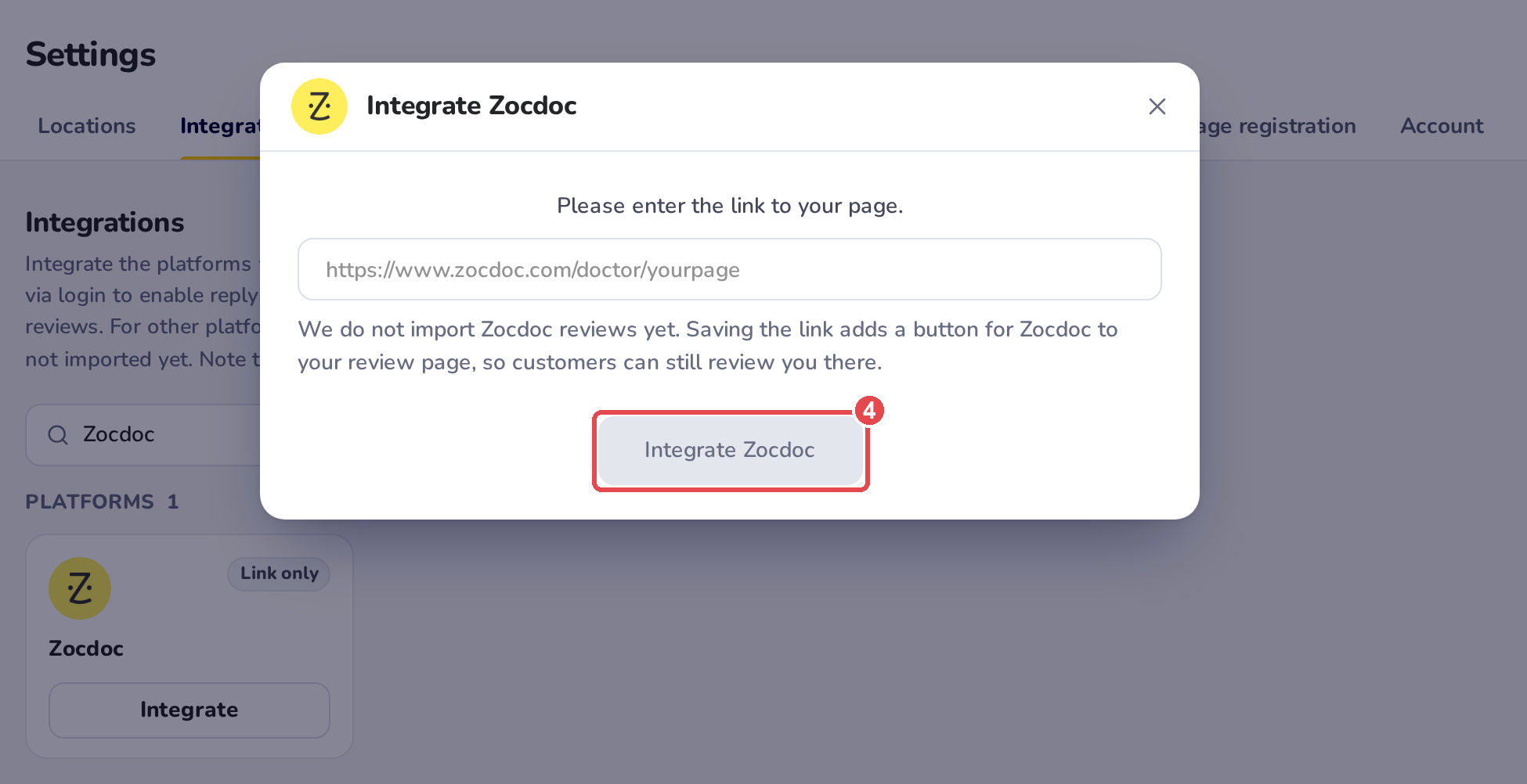 The Integrate Zocdoc window: Please enter the link to your page, the field for your Zocdoc page link, and the Integrate Zocdoc button, grey until a link is in the field