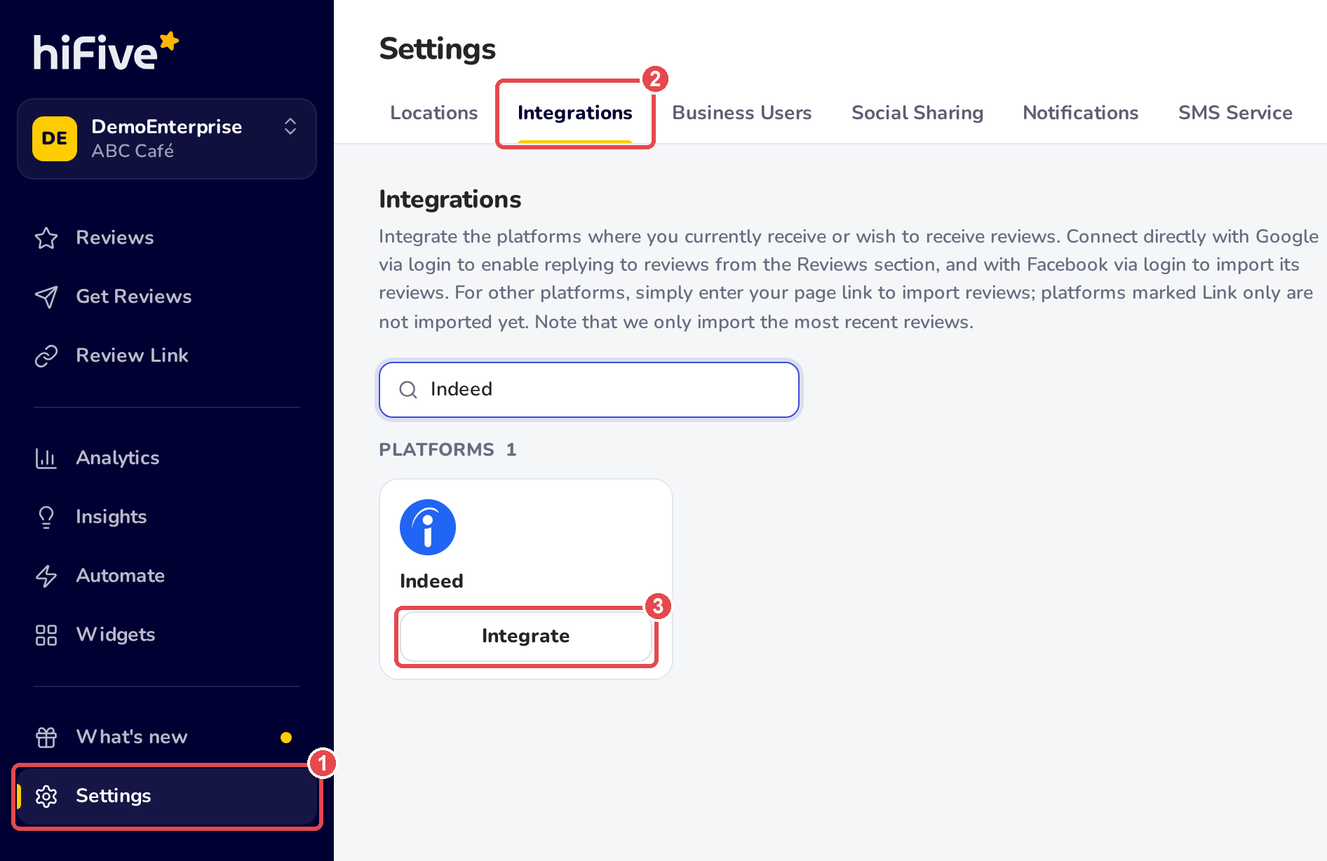Settings, Integrations: Indeed typed in the search box, and the Indeed card with its Integrate button