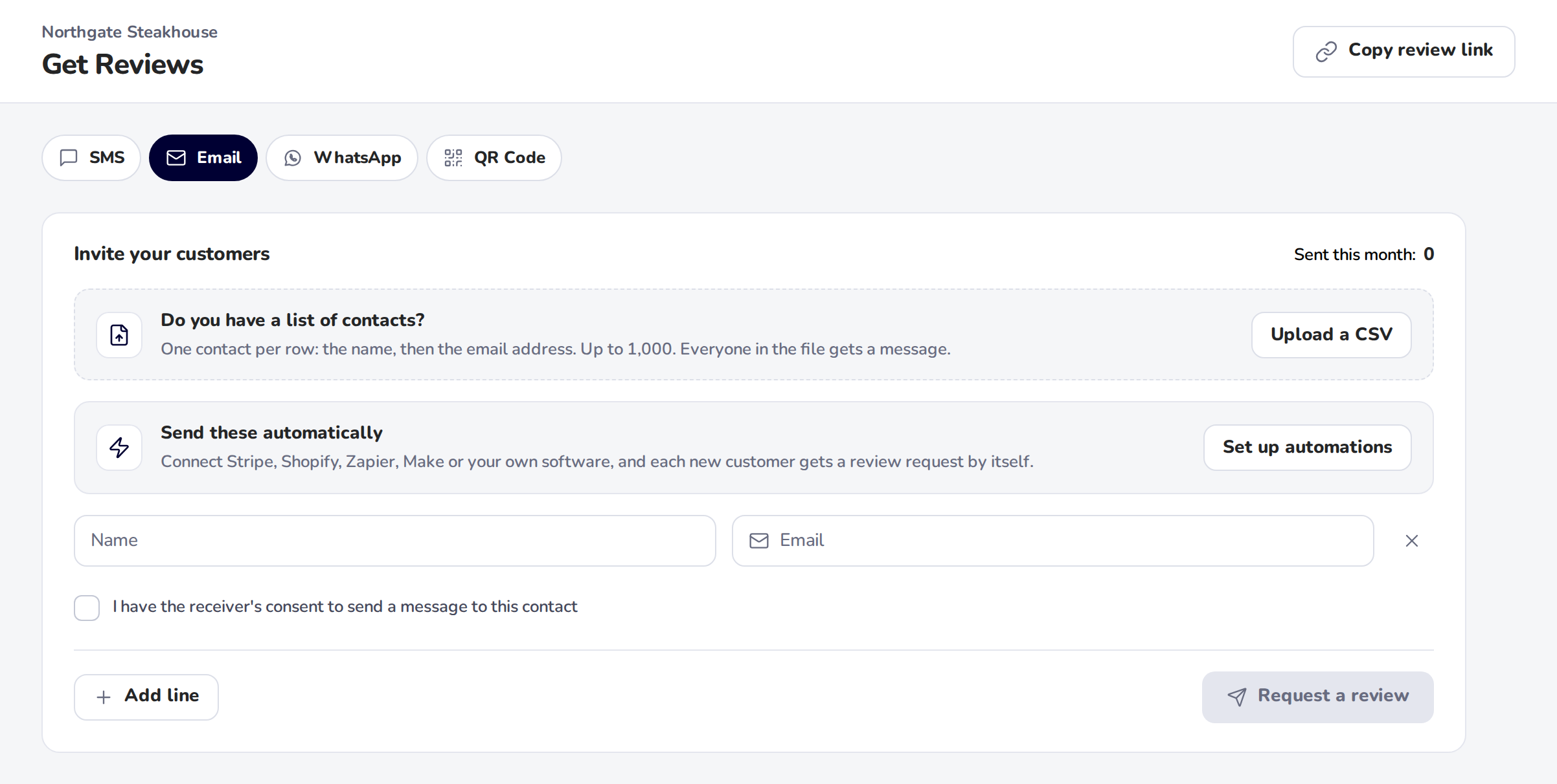 Get Reviews with the Email tab open: the Invite your customers card with Upload a CSV, Set up automations, a Name and Email line, the consent box, Add line and Request a review