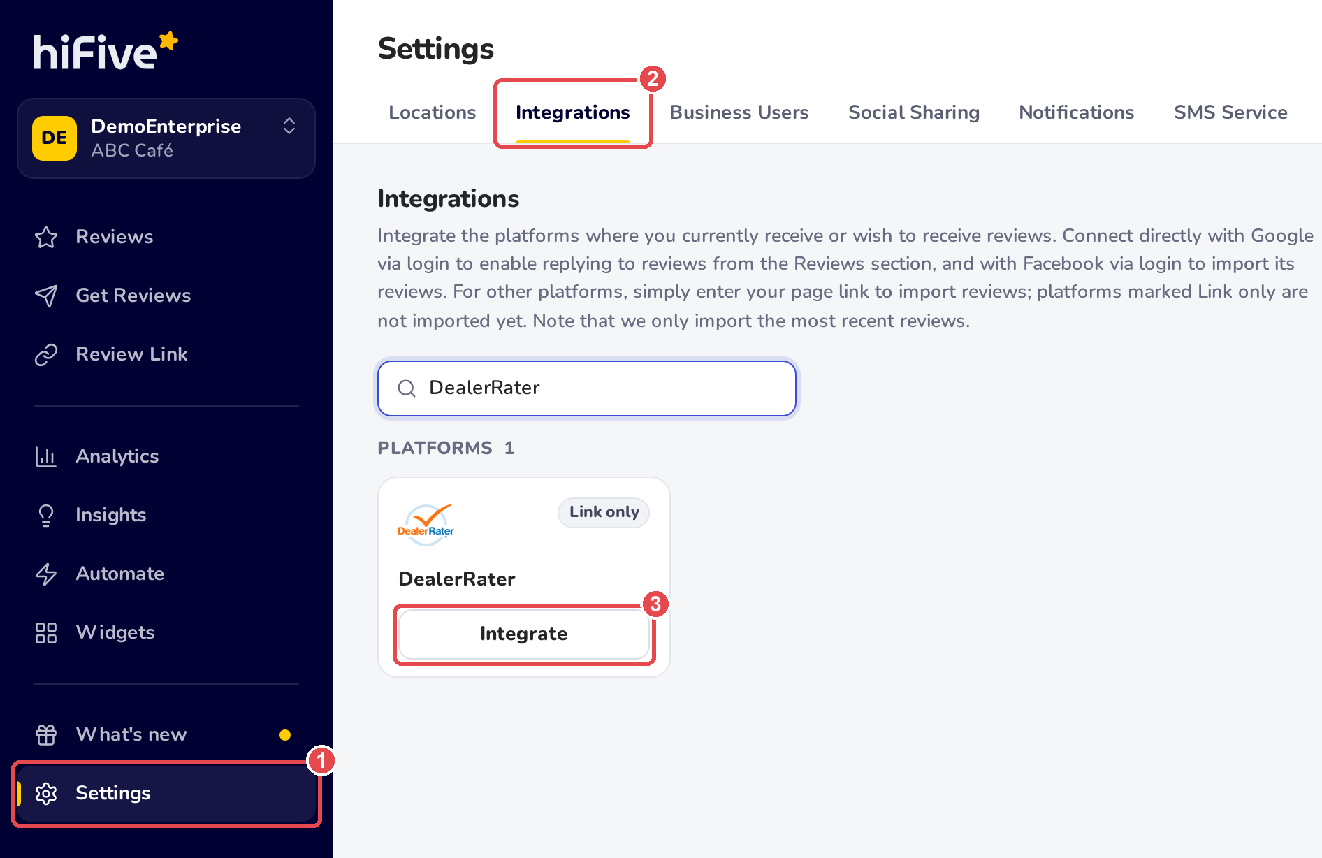 Settings, Integrations: DealerRater typed in the search box, and the DealerRater card, marked Link only, with its Integrate button