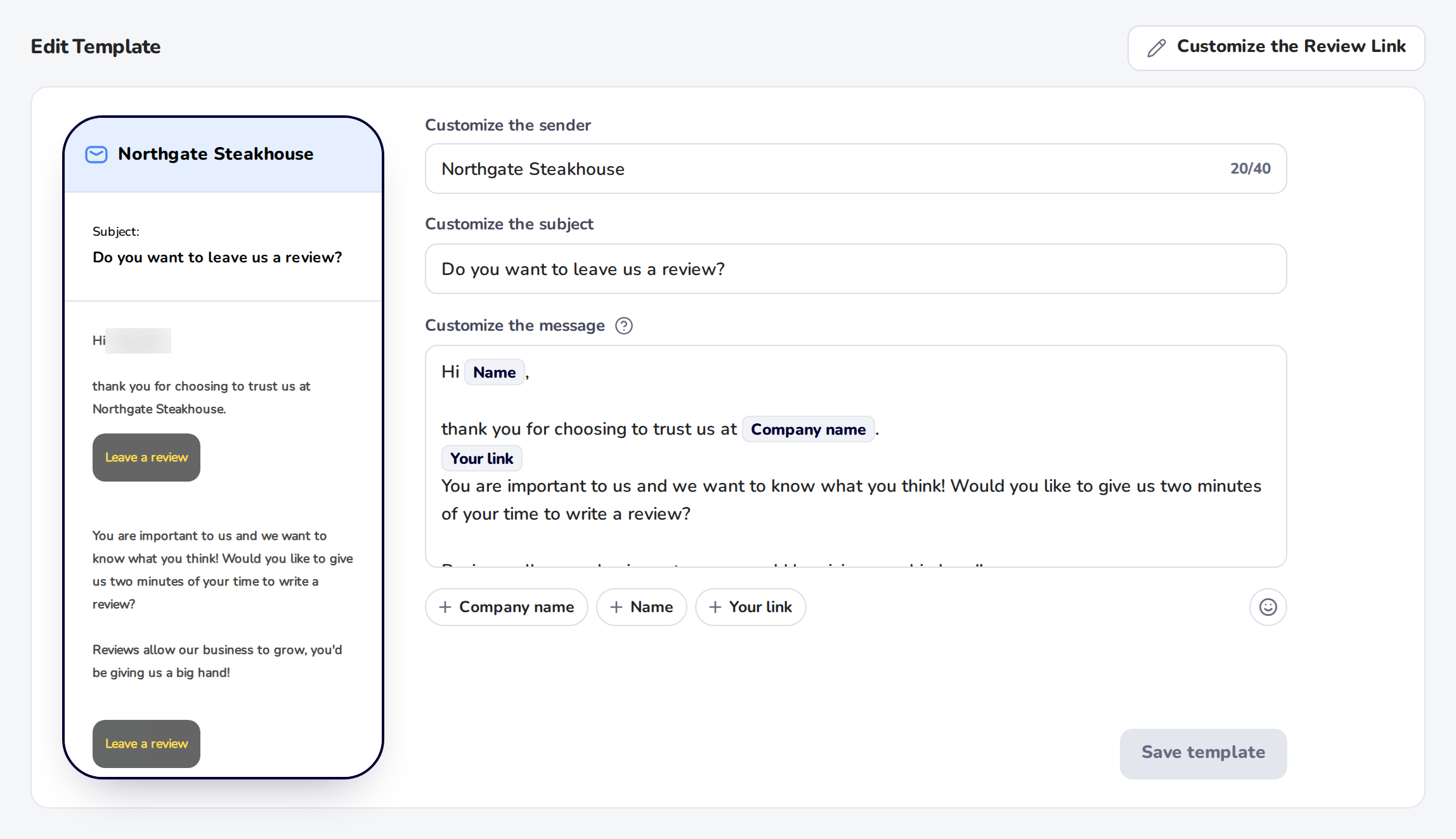 The email preview beside the editor: the subject and the message a customer gets, with a Leave a review button where the link goes