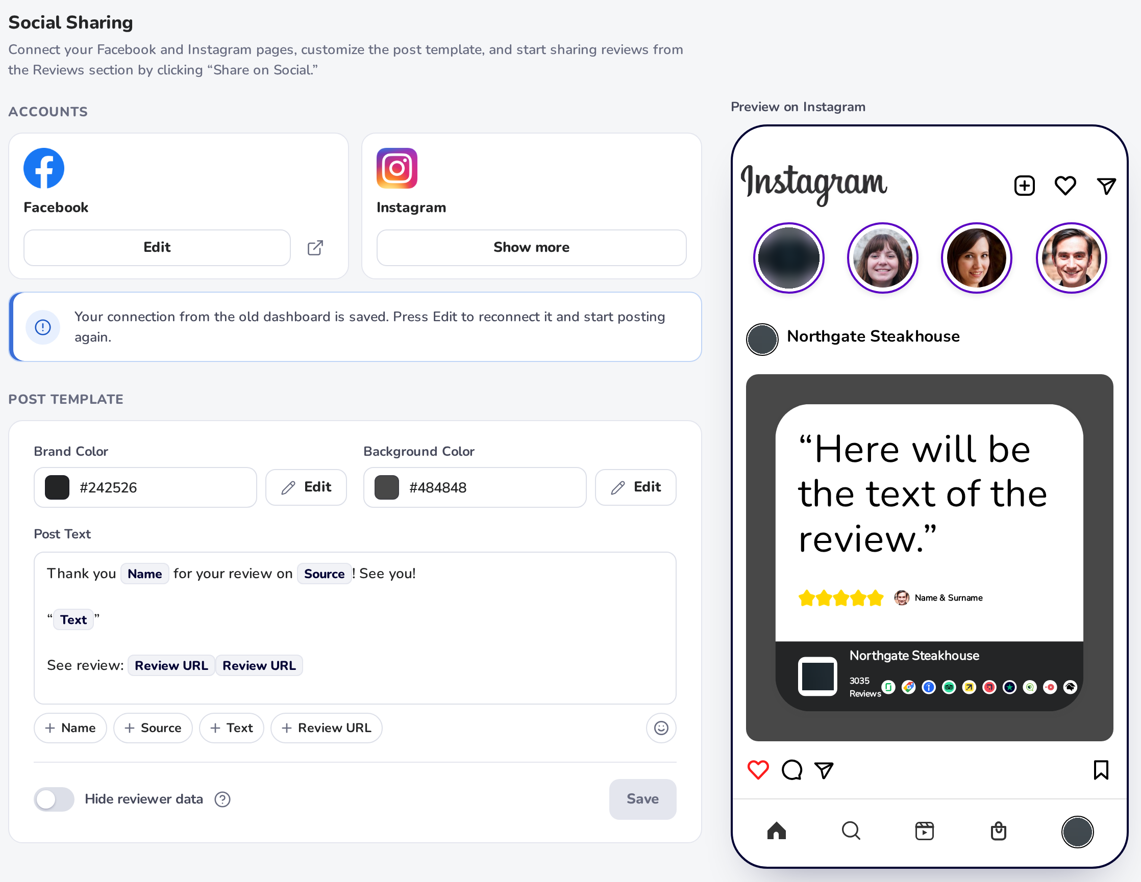Settings, Social Sharing: the Facebook and Instagram accounts, the post template with brand and background colours and Post Text tags, and a preview of the post on Instagram