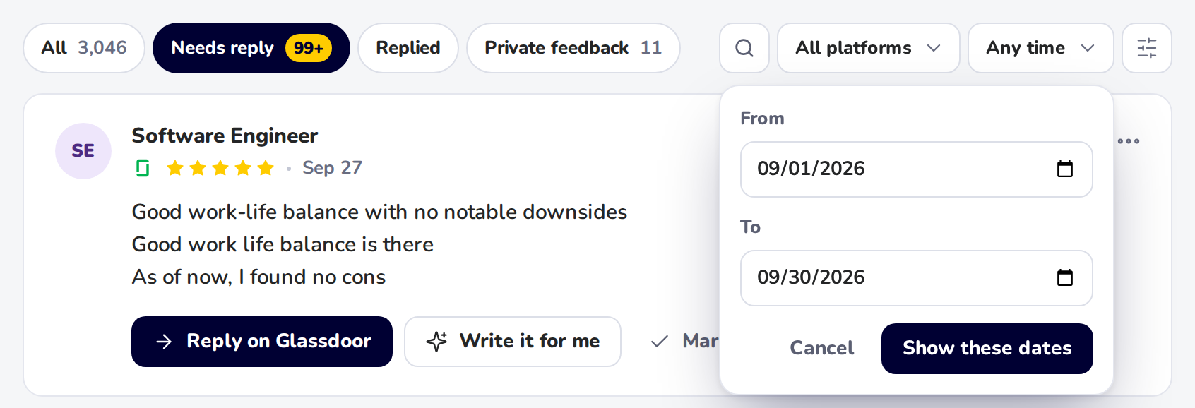 Custom dates in the date filter: a From date and a To date, with Show these dates