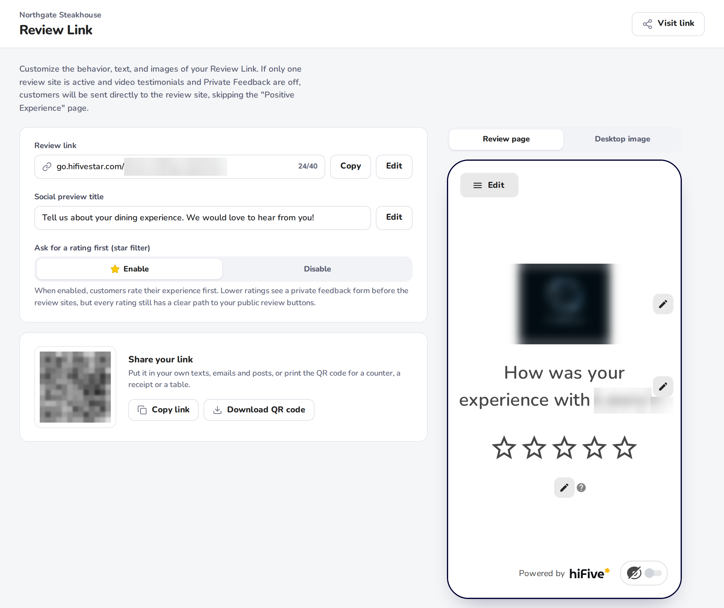 The Review Link page: the review link, the social preview title, the star filter, Share your link with the QR code, and a preview of the review page